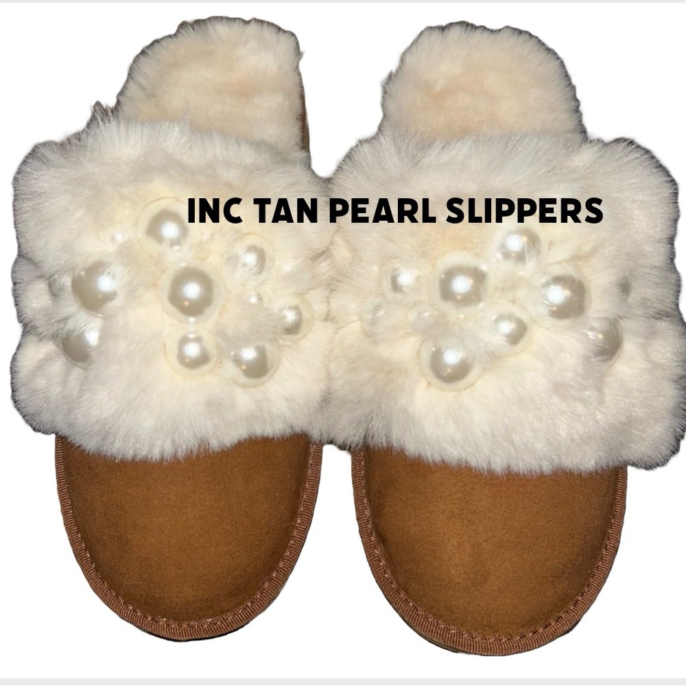 😴😴 INC- ILENEF TAN PEARL FAUX‎ FUR SLIPPERS😴